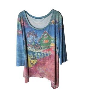 Leoma Lovegrove Tunic Top Size XL 3/4 Sleeves Colorful Bling Tropical House